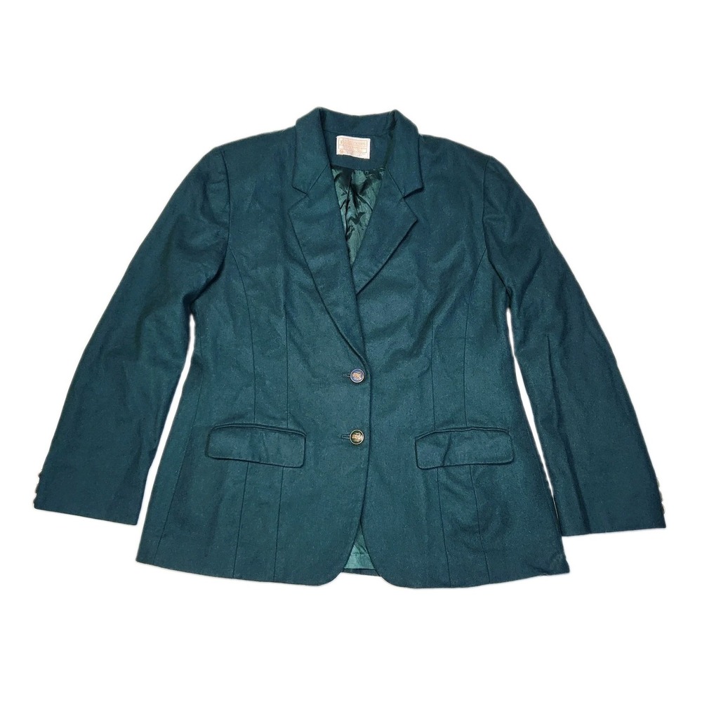 Vintage Pendleton Wool Blazer Womens 14 Teal USA Enamel Crest Buttons 80s